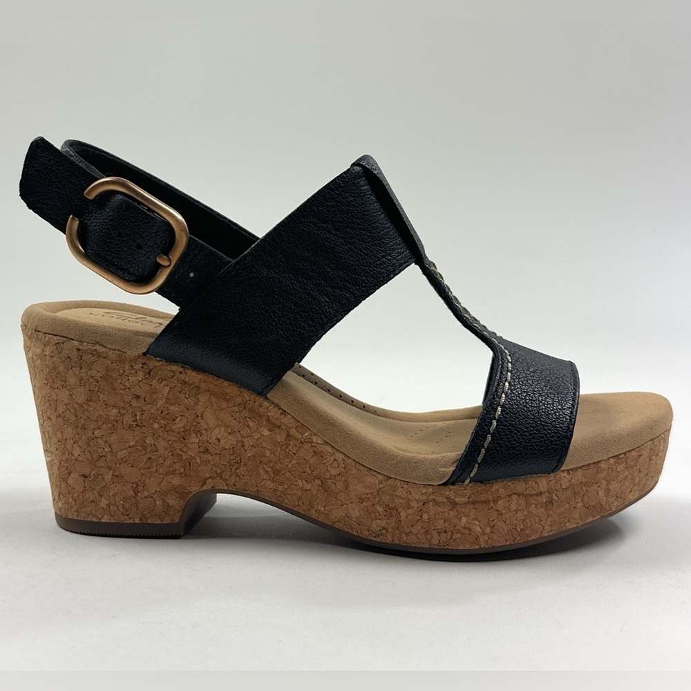 Clarks Giselle Style Black Leather Womens Wedge Sandals Buckle Comfort 26177163